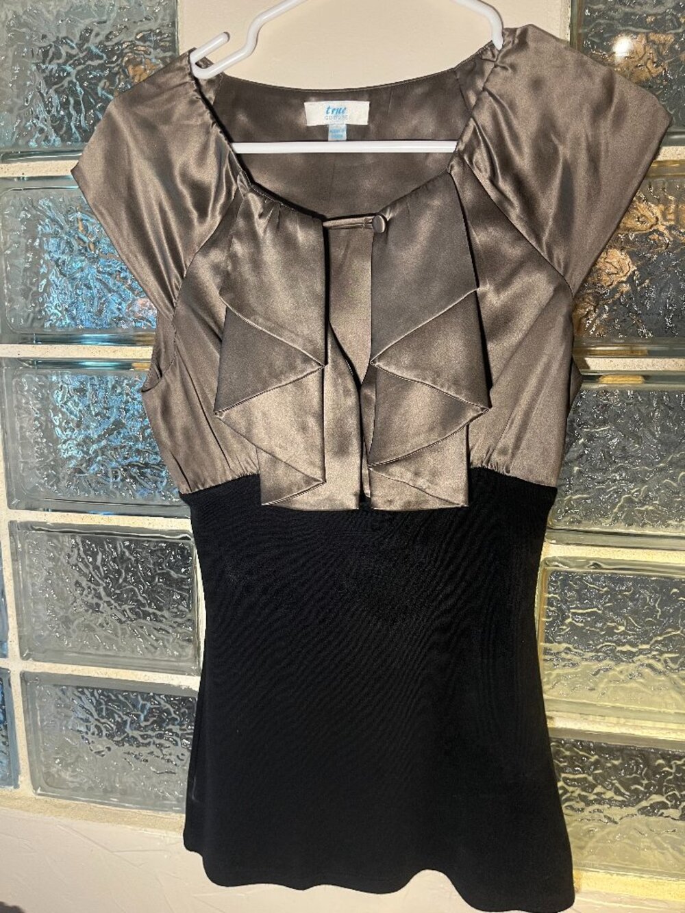 True Couture top, size small, taupe satin and black stretch knit